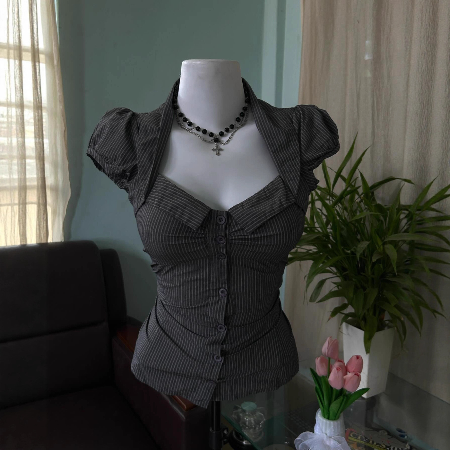 2026 Summer casual and comfortable lapel striped single-breasted slim short-sleeved women's shirt top, versatile for commuting full figure