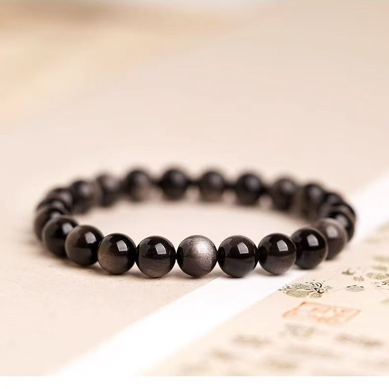 Natural silver obsidian and black obsidian bracelets for men and women, black shiny cat's eye bracelets, perfect for men and women's right couple bracelets details Picture