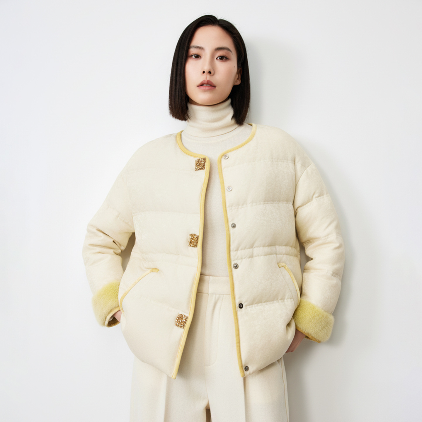 New Chinese-style goose down jacket made of mink hair and patchwork for winter women's fashion, white goose down warm Chinese-style coat 2195