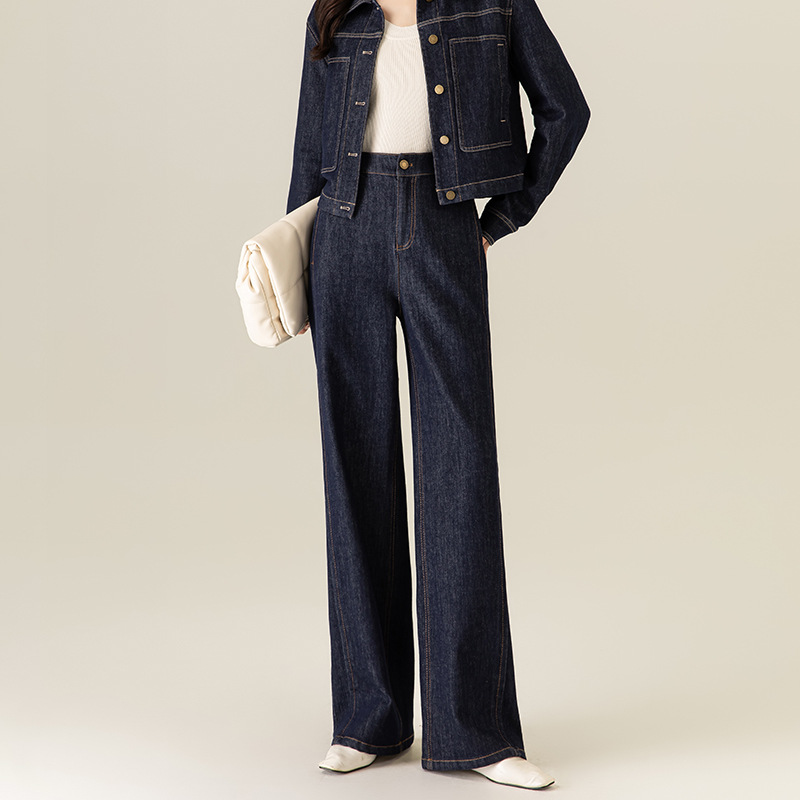 鑫阁丹宁蓝深蓝色不易褪色直筒牛仔裤女2025秋冬新款显瘦阔腿裤子