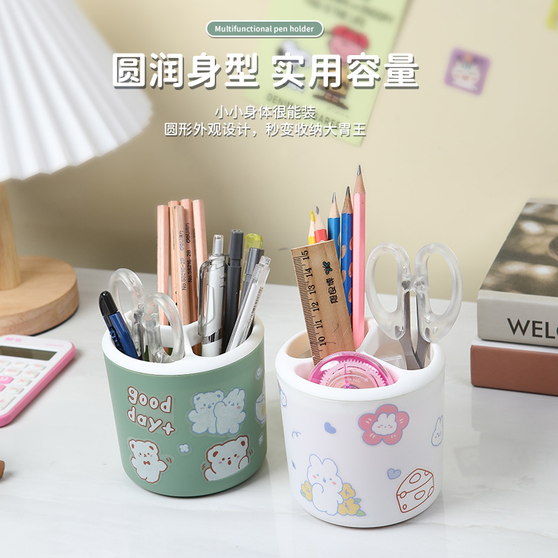 A cute cartoon girl's desktop with a large round capacity storage tube. Creative storage pen bucket for office student stationery Specification image