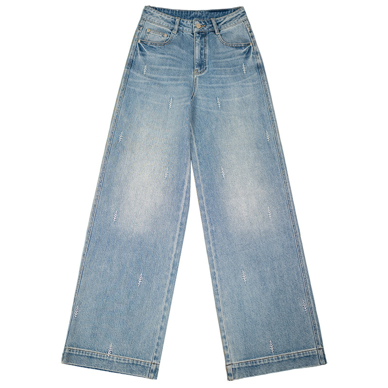 Factory direct sales of new light blue embroidered jeans for women. High waist, loose, slimming, concealing flesh, wide legs, straight, plus-size women Item Picture