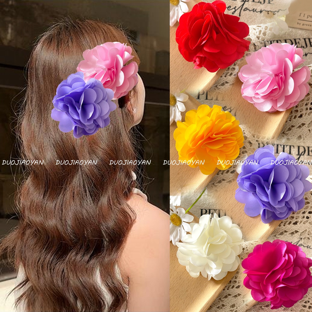 The new trendy fabric flower clipper, a colorful three-dimensional flower accessory, exudes a high-end atmosphere. The side clip of the bangs is in stock for women details Picture