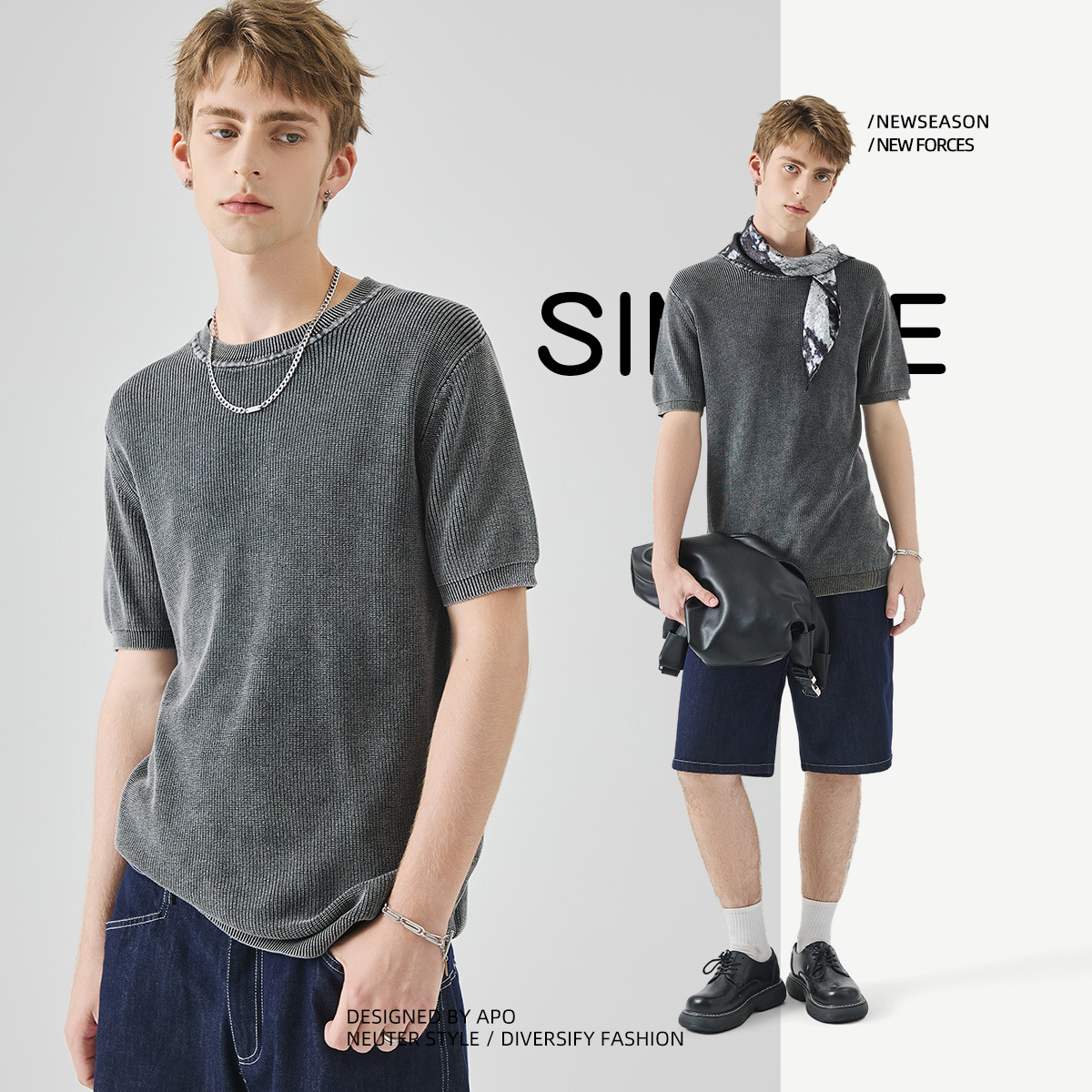 APO Men's Wear: Pure cotton knitted short-sleeved T-shirt for men's summer, retro and aged, versatile, trendy and slim inner layer top Application Scenario