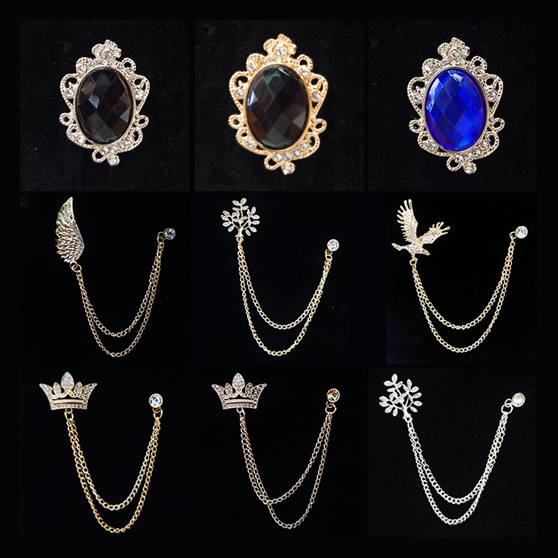 欧美时尚男士胸针皇冠流苏水钻胸花个性外套西服配饰徽章厂家批发