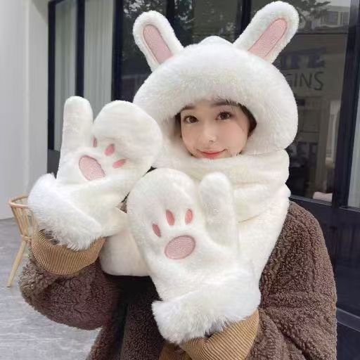 Three-piece set of hats, scarves and gloves for women in autumn and winter, plush windproof ear-protecting cartoon bear thick warm hat