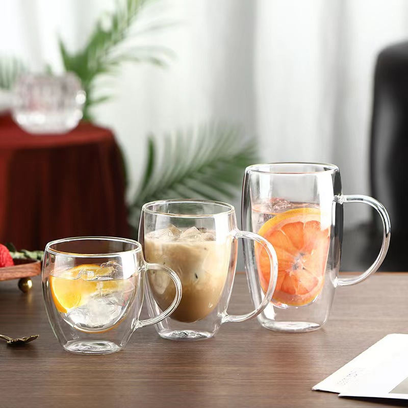 Transparent glass double-layer cup, household milk tea, coffee drinking cup with handle, heat-insulating tea brewing cup, high borosilicate tea Specification image