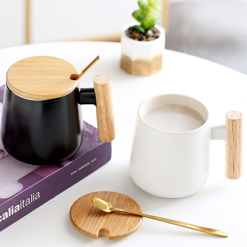 北欧木把手柄1314情侣陶瓷马克杯带盖勺咖啡杯水杯广告礼品logo产品图