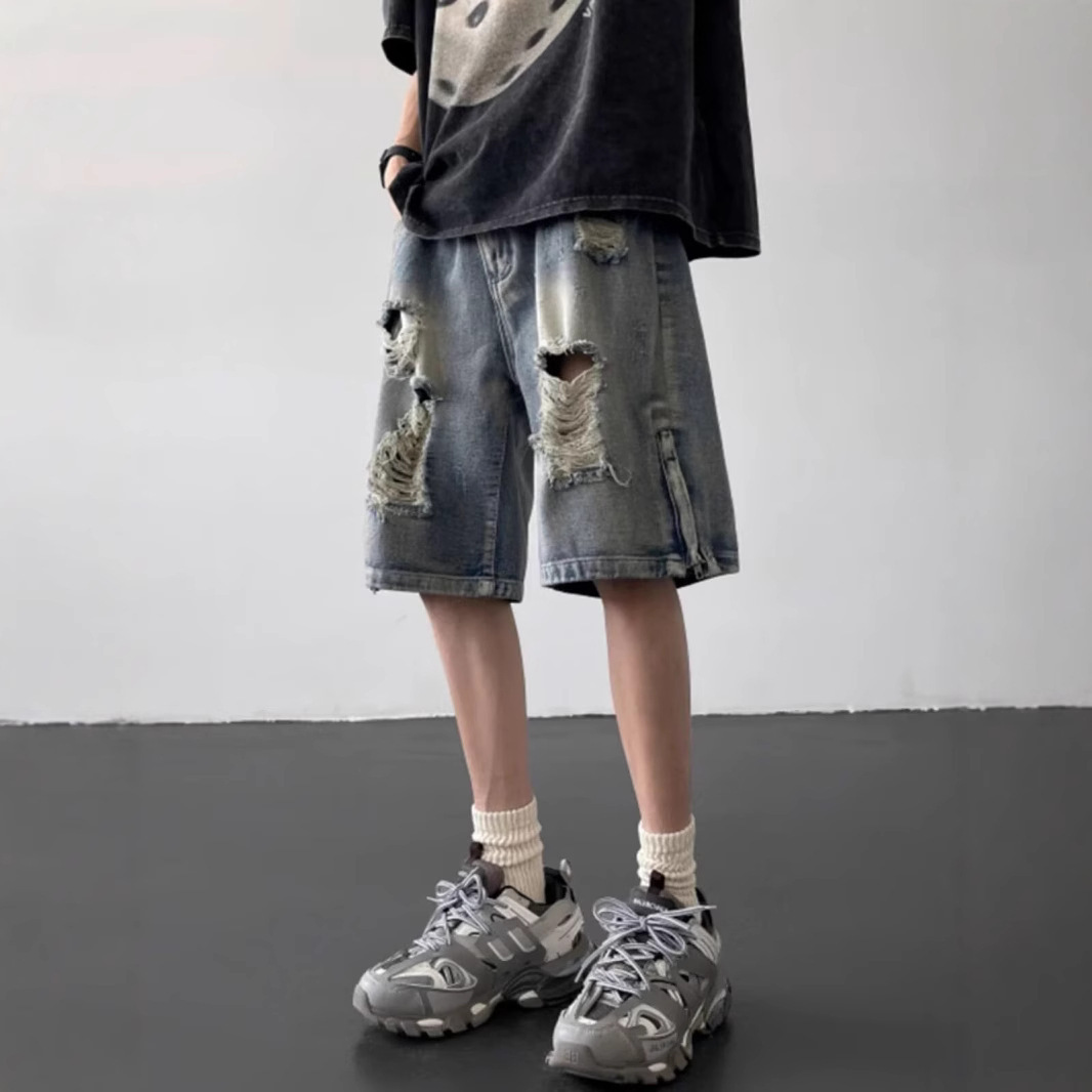 Ripped high street chic denim shorts for men, summer thin American-style zipper split loose straight-leg mid-length pants details Picture