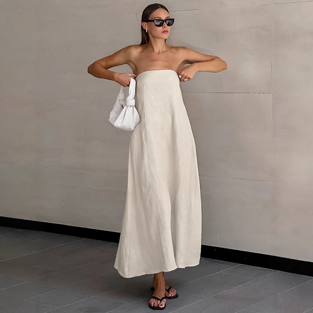 A simple and stylish European and American design dress, a new cross-border slimming and elegant strapless solid color long dress for women in 2025 Item Picture