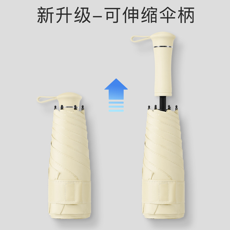 This ultra-light mini umbrella with a telescopic handle can be used in both sunny and rainy weather, providing sun protection and UV protection. It is a folding black rubber female sun shield Application Scenario