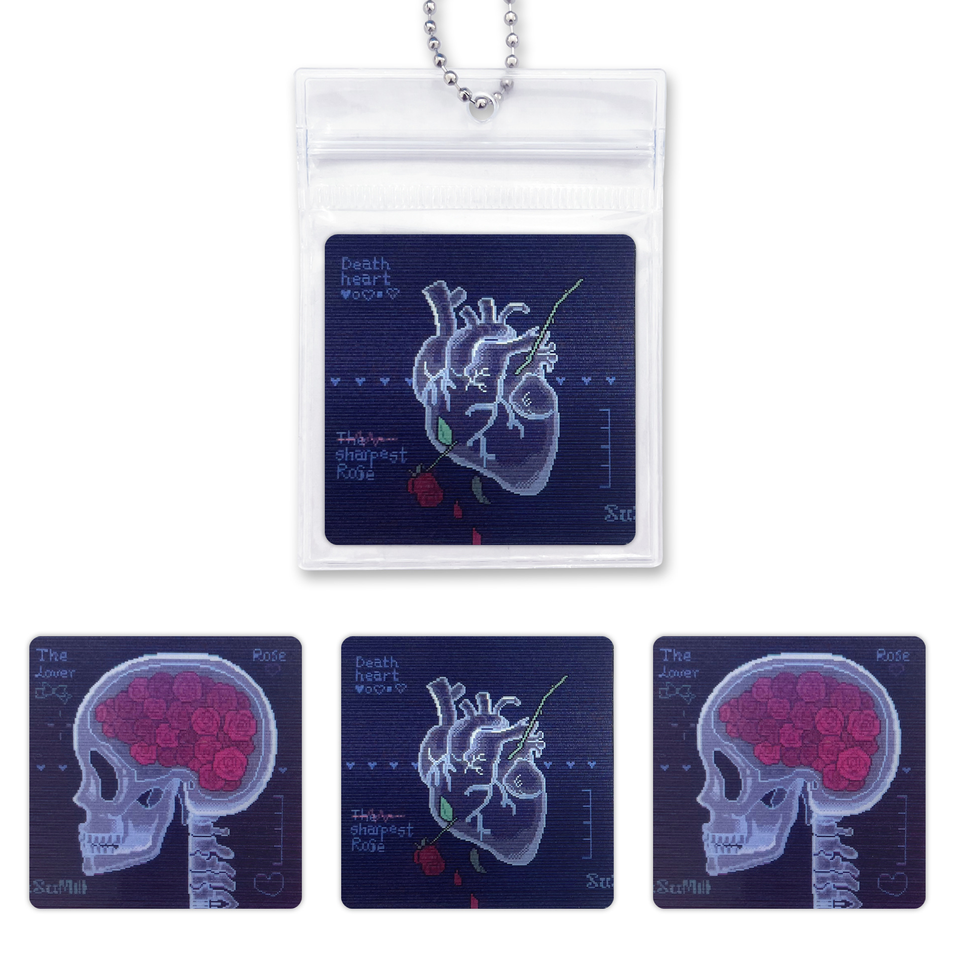 蔷薇骷髅光栅卡蔷薇像素风仿CT复古胶片多变光栅卡情侣礼物挂件白底实物图