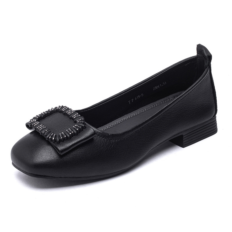 New Spring/Summer 2025 genuine leather flat single shoes, pointed toe, shallow mouth, square buckle bean shoes, fashionable all-season mom women's shoes Item Picture