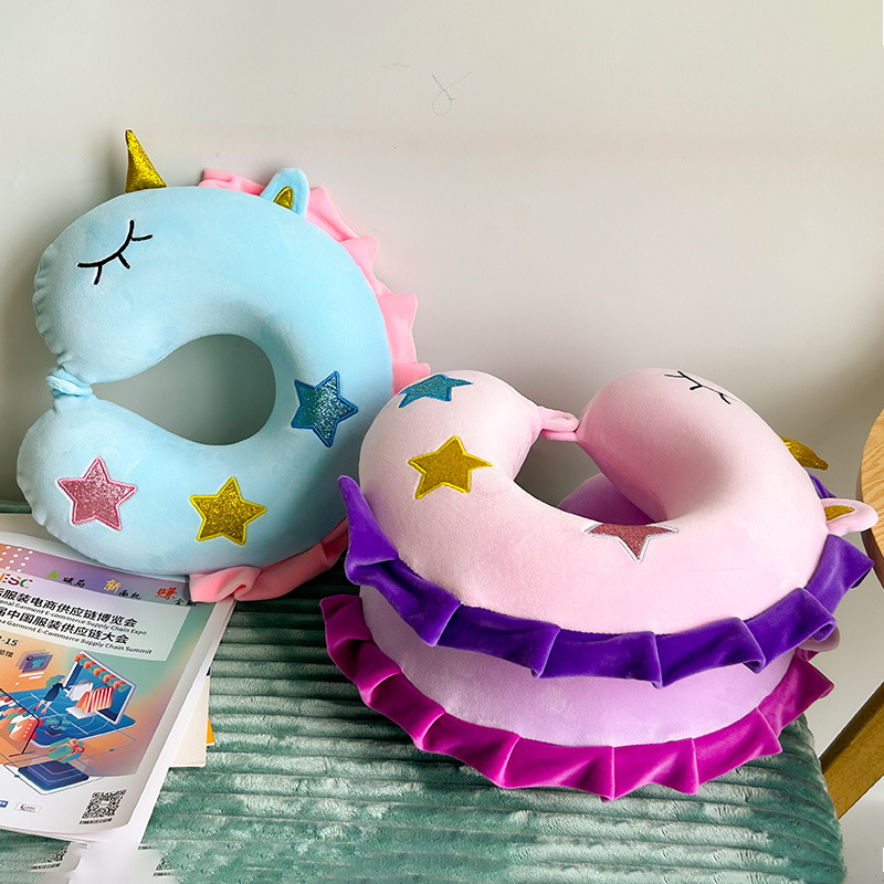 2023新款跨境可爱卡通记忆棉独角兽U型枕办公室午睡护颈刺绣旅行