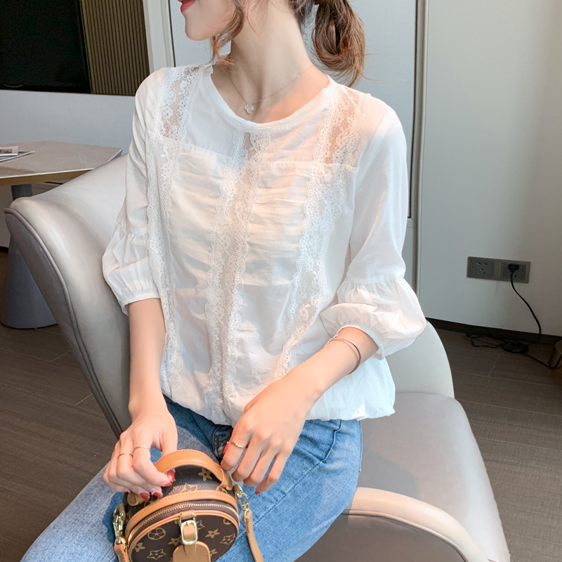 Lace shirt for women, 2022 new style floral lantern sleeve spring and summer chiffon shirt, cut-out top chiffon shirt