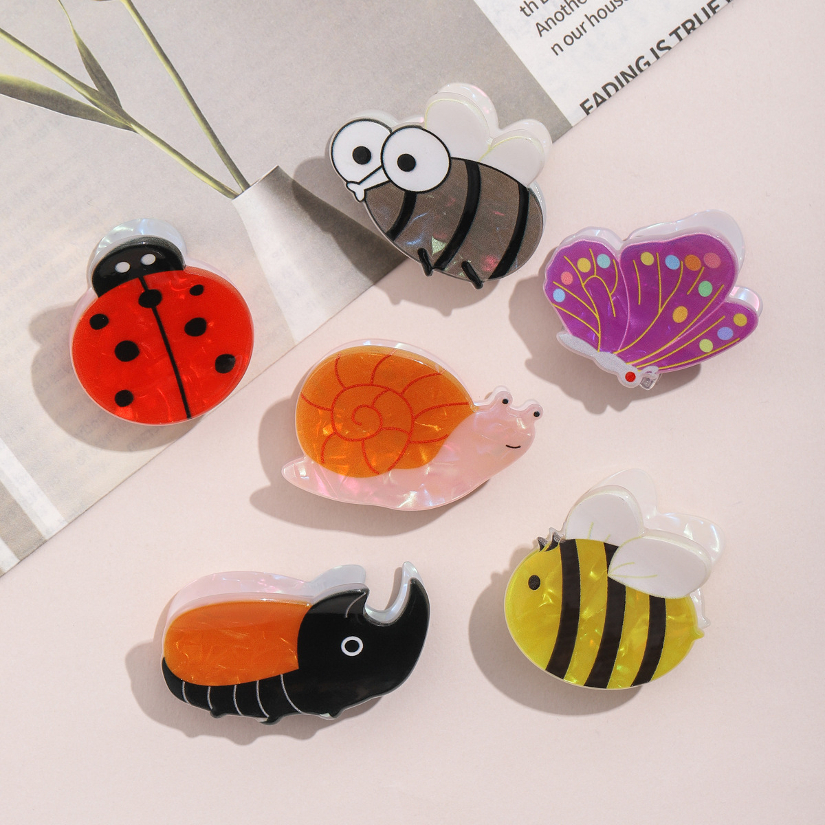 新款可爱昆虫系列发抓蜗牛蝴蝶蜜蜂瓢虫侧边刘海碎发夹女头饰设计