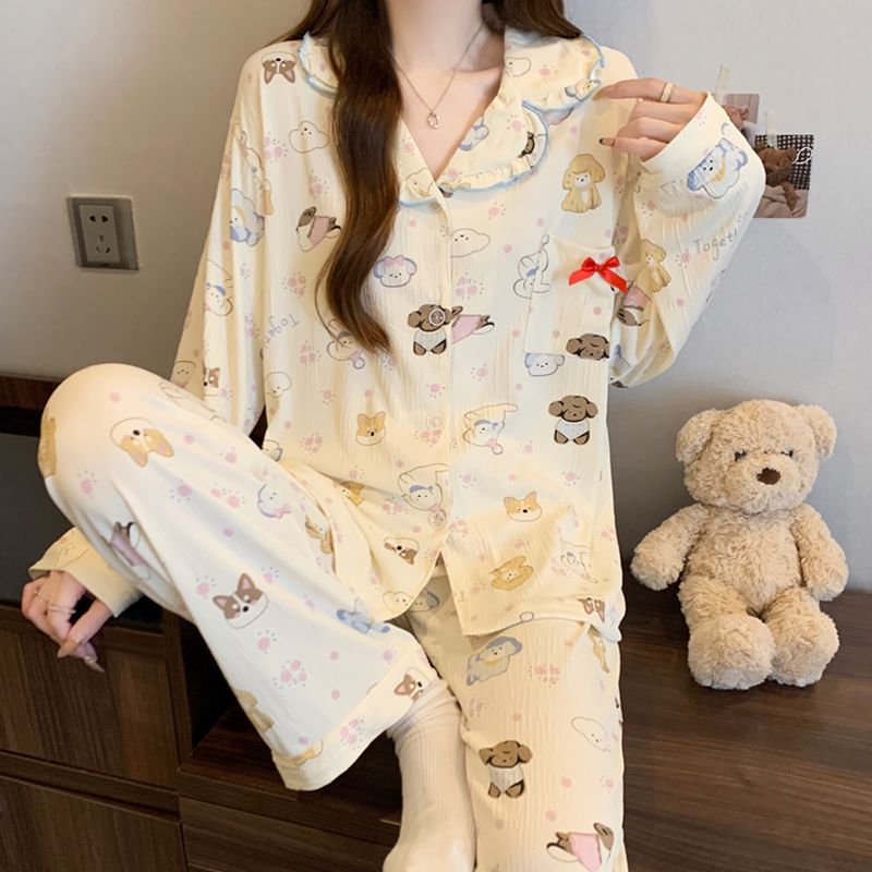 日系卡通小狗皱皱布睡衣女2025春秋季长袖新款甜美可爱家居服套装