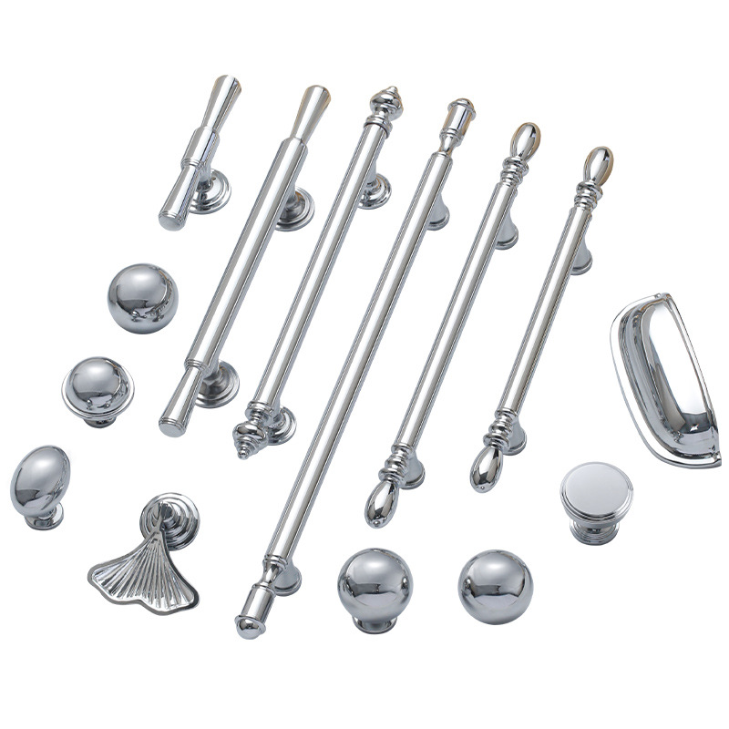 Factory direct sales: French chrome-plated silver wardrobe door handles, modern and simple drawers, bright silver kitchen brass handles Item Picture