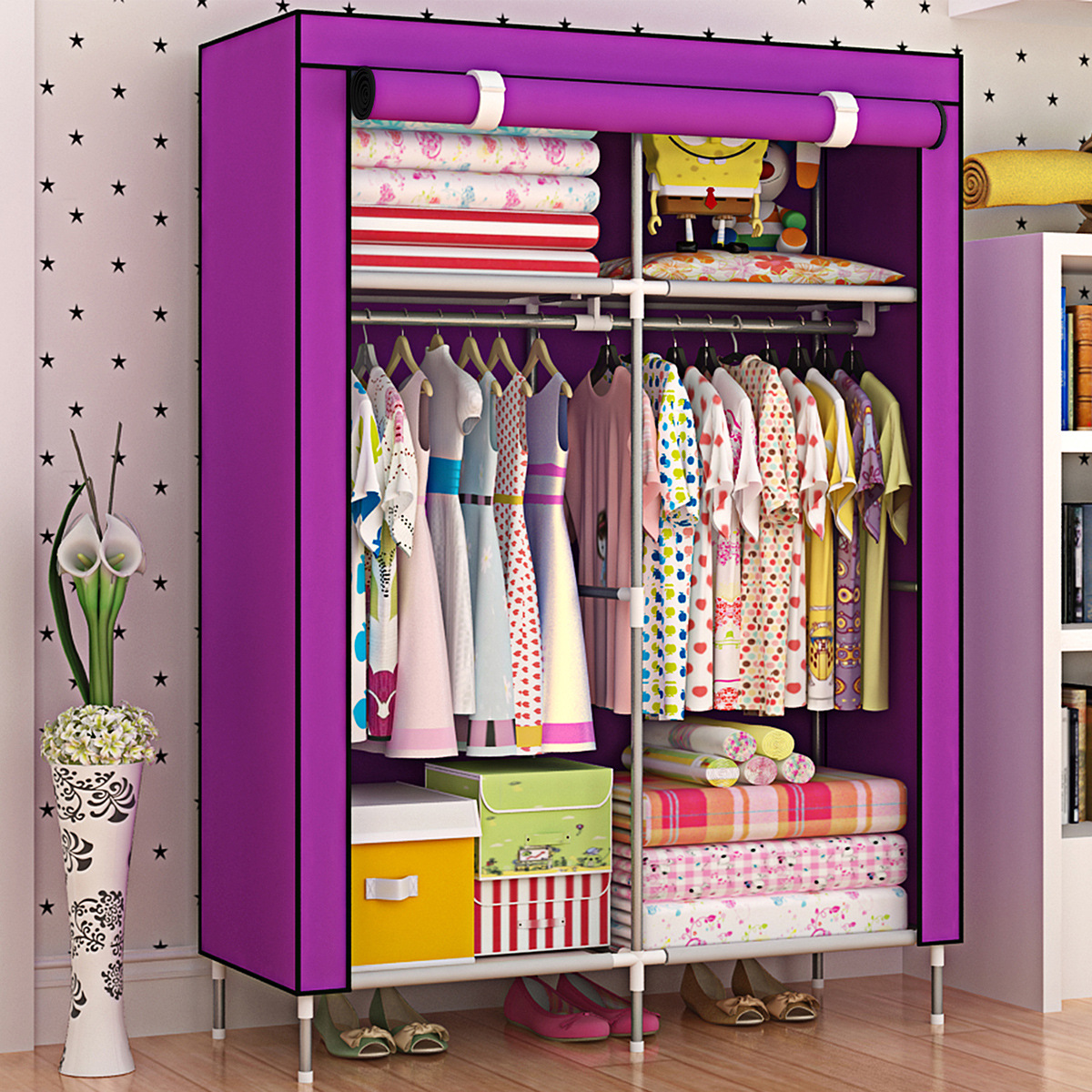Economical baby clothes storage and organization for rental house, non-woven fabric moisture-proof steel pipe simple thickened and thickened fabric wardrobe Application Scenario
