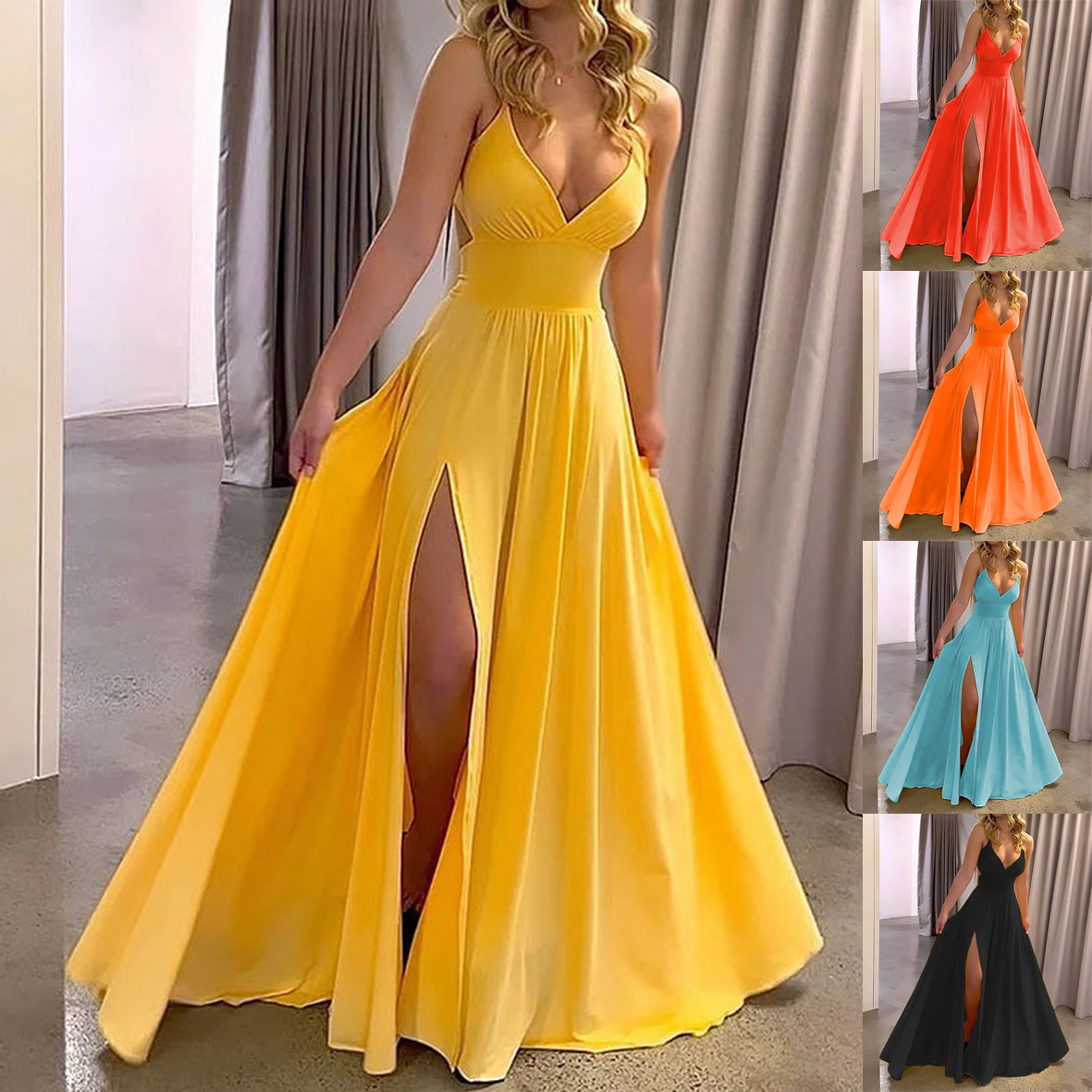 Cross-border Amazon Fashion foreign trade women's clothing 2025 summer halter V-neck backless long dress without sleeves full figure