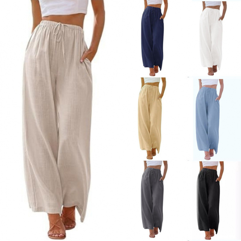 2026 Amazon ebay AliExpress large-sized women's trousers in Europe and America, linen loose casual pocket drawstring wide-leg trousers for women full figure