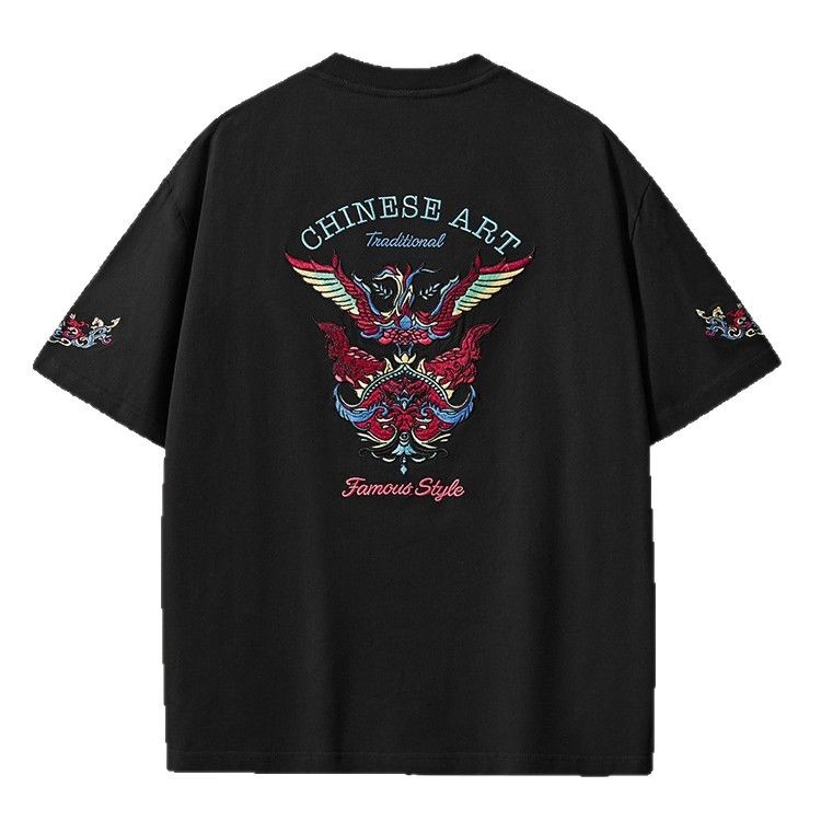 Wholesale of 260-gram heavy-duty pure cotton short-sleeved T-shirts for men with Chinese style embroidery and loose, large-sized men's clothing in summer 2025 Item Picture