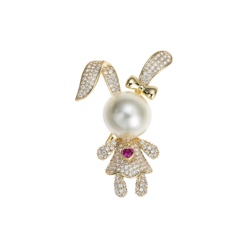 Cute pearl little rabbit brooch, New Year of the Rabbit gift, suit sweater pin accessory, fashionable and versatile brooch Item Picture