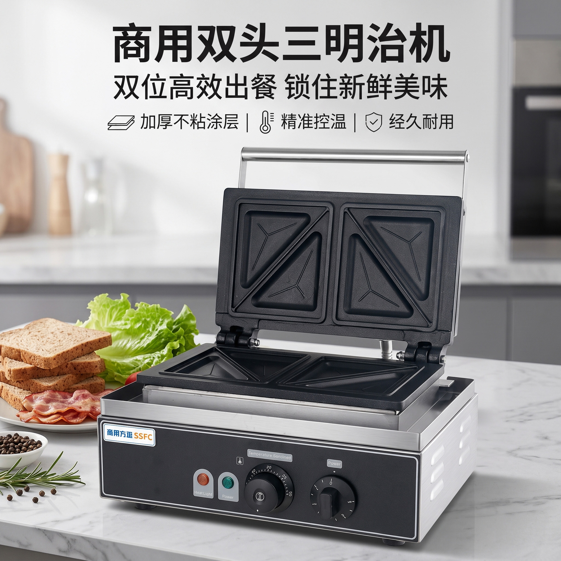 Commercial double-head bursting sandwich machine, non-stick baking tray, precise temperature control, special snack equipment for street vending, direct sales from the manufacturer