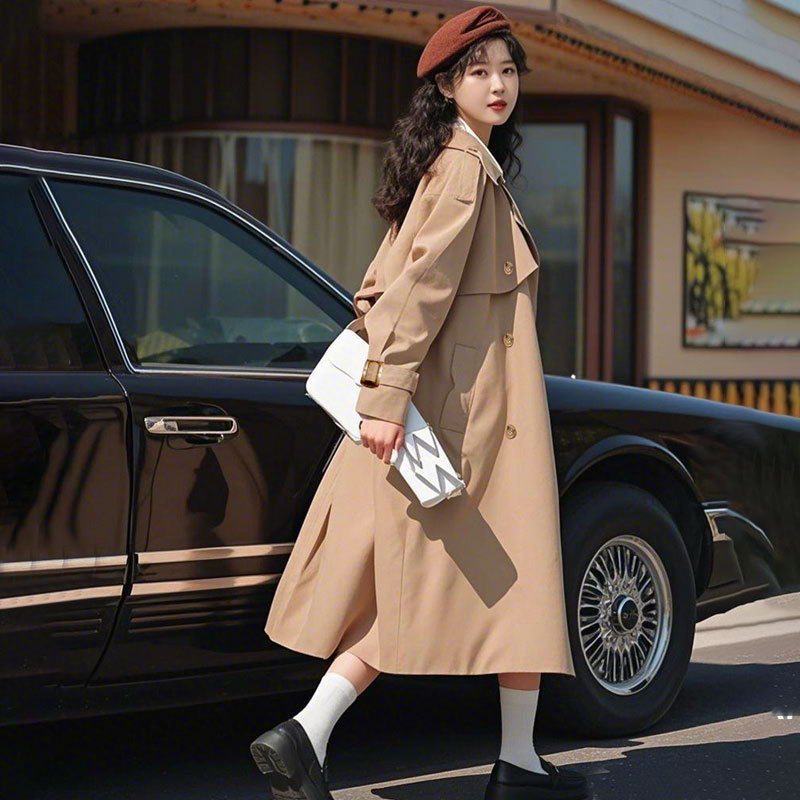 Extended knee-length trench coat for women, new early spring Korean style, student-style casual black overcoat details Picture