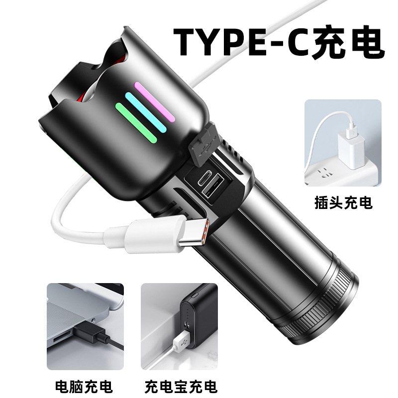New household telescopic high-endurance cross-border high-power flashlight, lumen flashlight, zoom outdoor, made of aluminum alloy details Picture