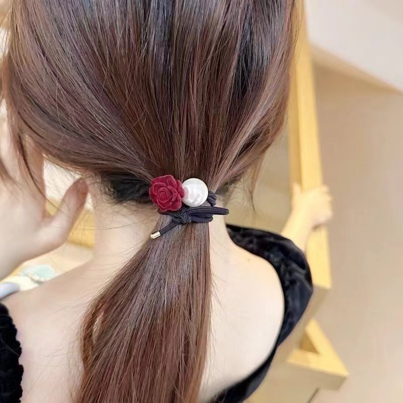 French high-end retro pearl rose flower hair tie and hair band, girls' high school elastic rubber band hair tie, ponytail headwear details Picture