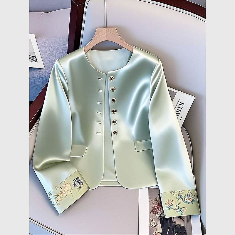 国潮新中式女装高端国风绿色缎面外套女2025早春新款改良唐装短款上衣