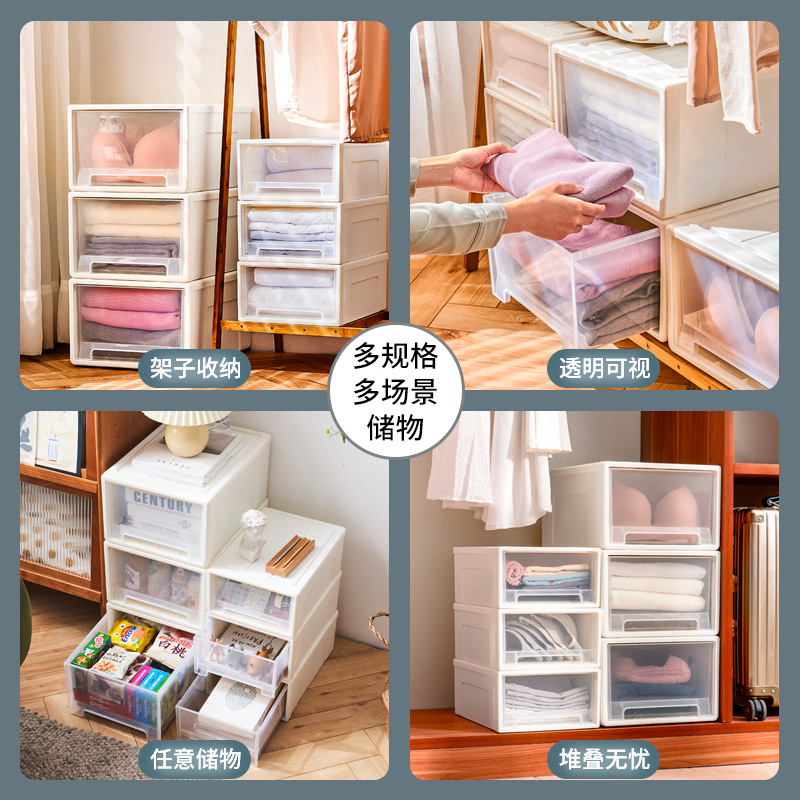 We produce and wholesale thickened drawer-type storage boxes that can be stacked with drawer cabinets and transparent household clothing organization and storage boxes details Picture