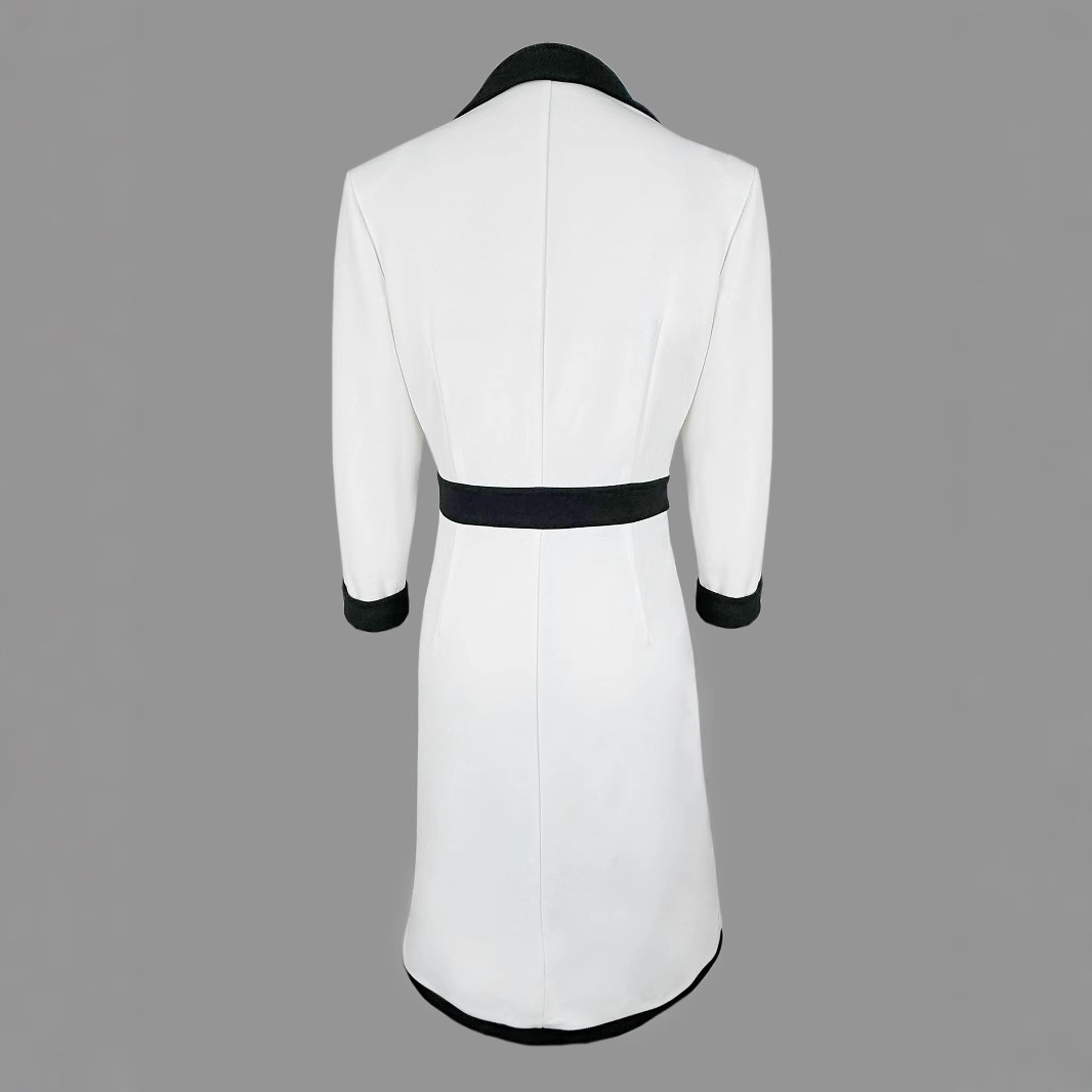A new French high-end style, black and white contrasting high-waisted, slimming three-quarter sleeve dress for spring collection in Europe and America in 2025 details Picture