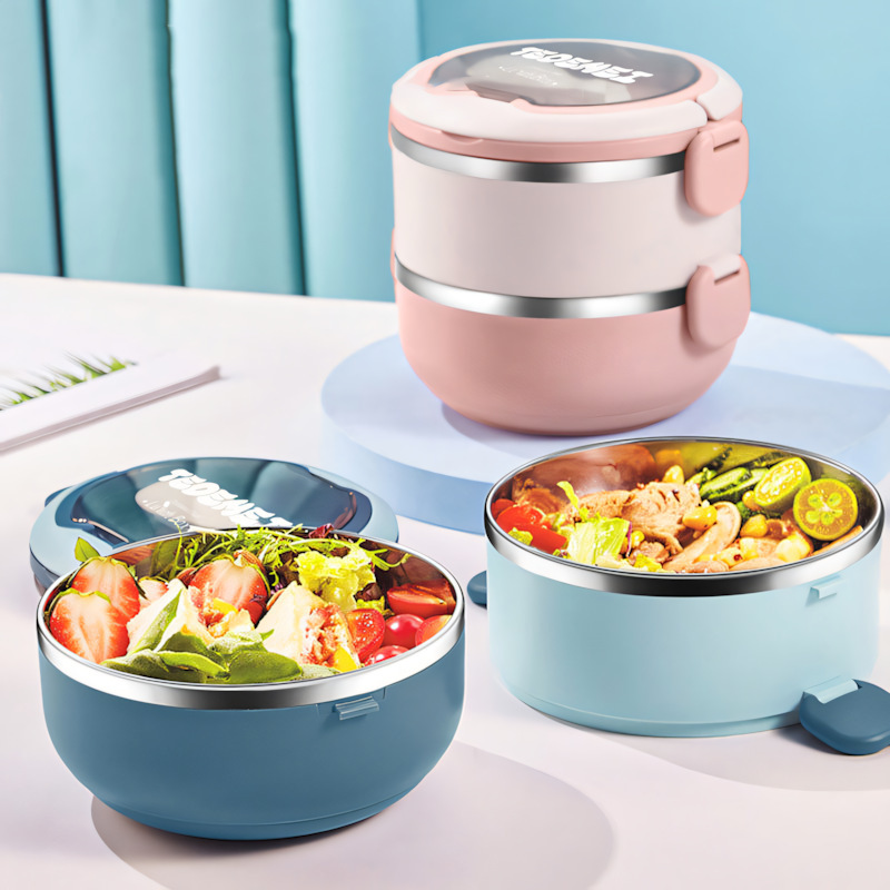 304 stainless steel lunch box, double-layer round sealed lunch box, portable for carrying tableware, office worker and student lunch box
