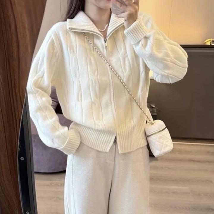 Solid-color casual double-zipper twisted knit cardigan coat, fashionable and versatile, new autumn and winter style sweater top for women