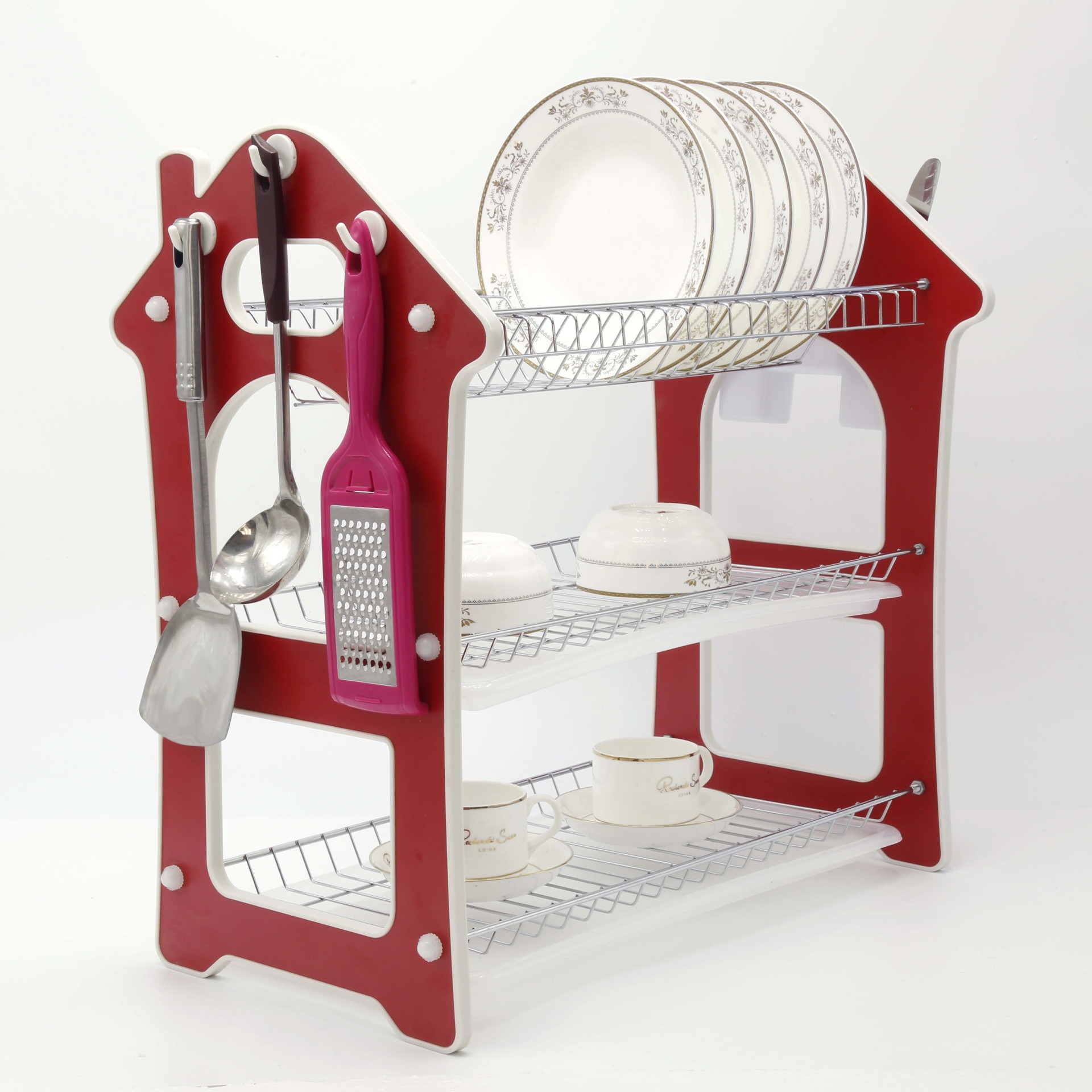Novel home kitchenware room type: Three-story draining storage rack, dish rack, utensils, sink, draining dishes and bowls Specification image