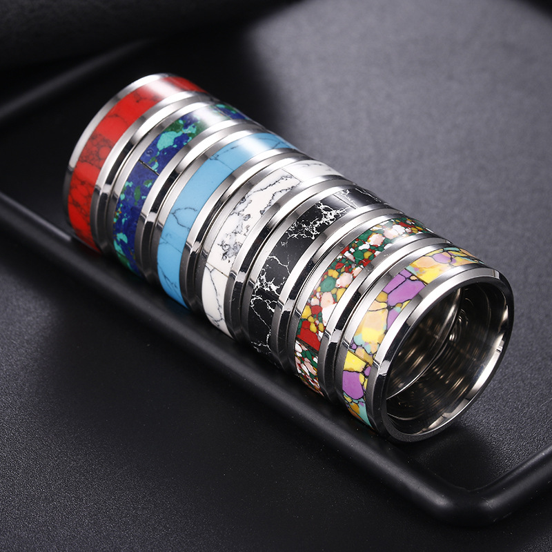 跨境货源钛钢绿松石澳宝天然宝 石男士钛钢戒指手饰指环批发