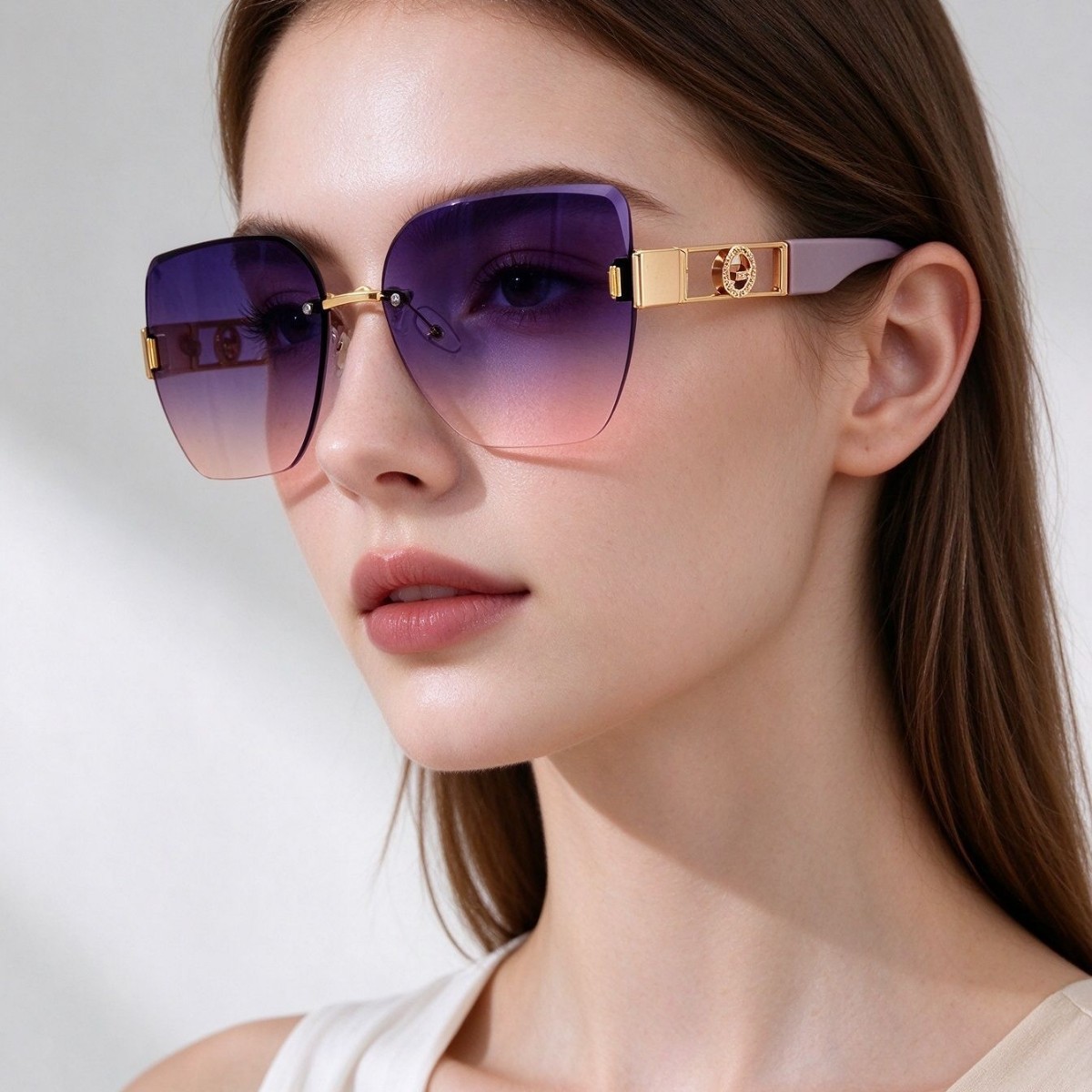 New frameless sunglasses for men and women, metal-decorated with hollowed-out temples, large-framed slimming sunglasses, fashionable commuting glasses