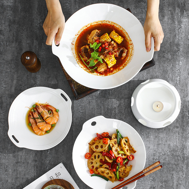 Insulated dish set, heated ceramic stove base, double-ear small stir-frying plate, candle heating, pure white hotel tableware Specification image