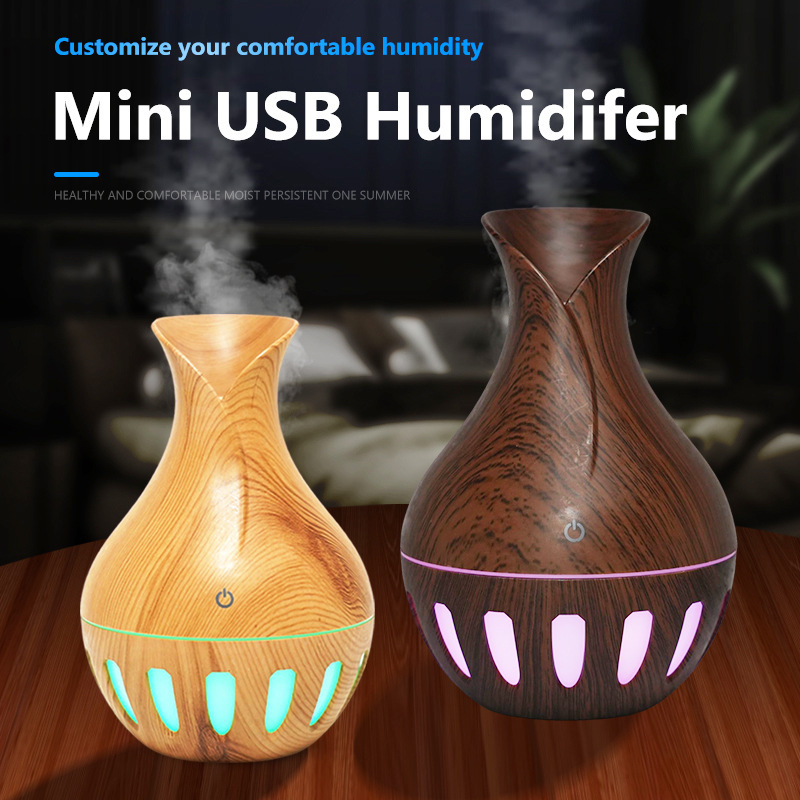 超声波花瓶木纹香薰加湿器七彩灯光空气净化器遥控家用车载香薰机加湿器