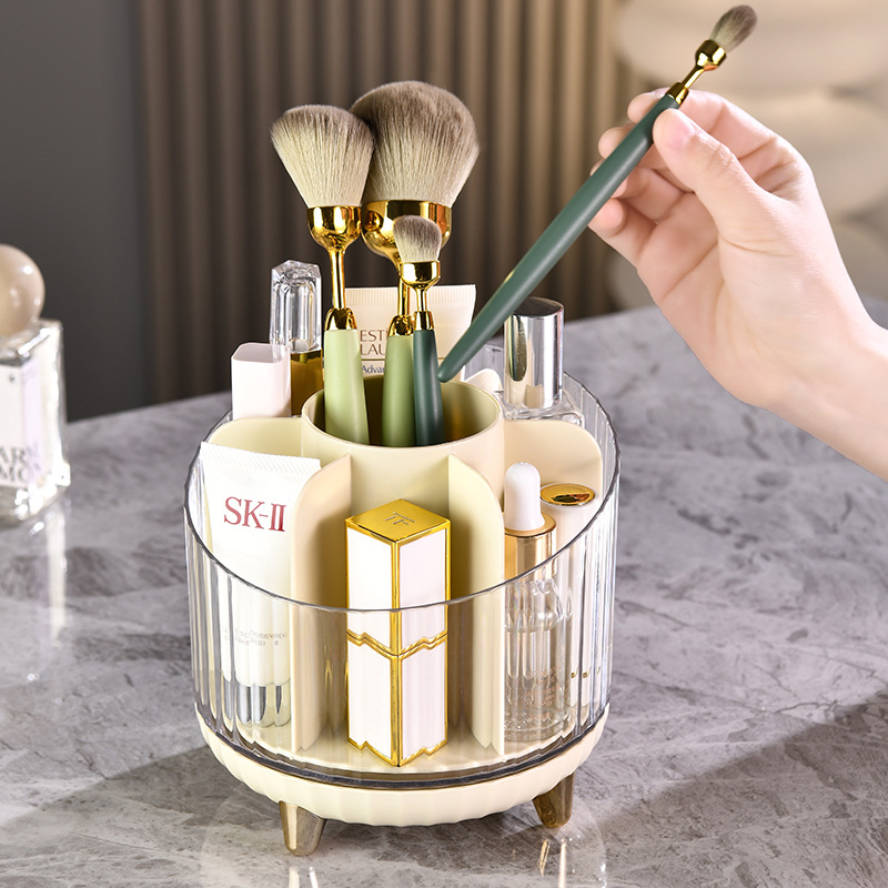 Rotating makeup brush storage box rack, desktop compartmentalized lipstick, eyeshadow, eyebrow brush, makeup table, cosmetics storage bucket Application Scenario