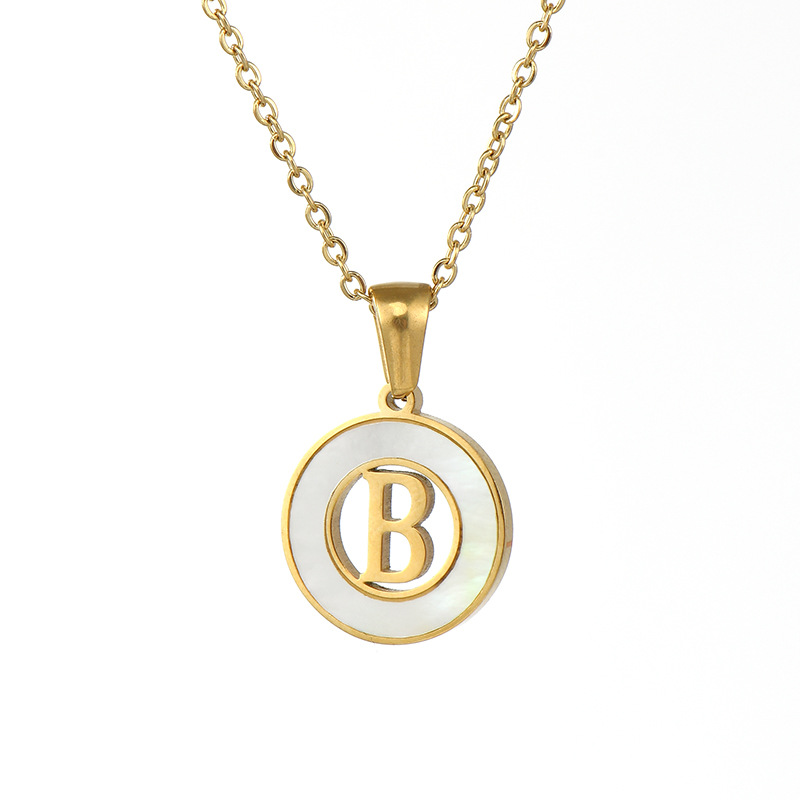 Cross-border 18K gold shell round stainless steel letter necklace, fashionable European and American titanium steel ring 26-letter pendant for women