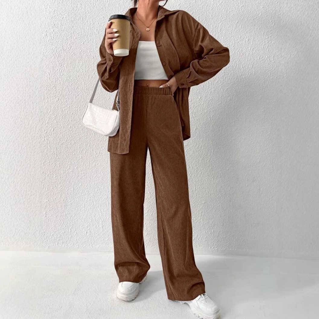 European and American women's clothing 2023 Autumn new collection: Solid color long-sleeved shirt coat, wide-leg long pants, casual two-piece set Specification drawing