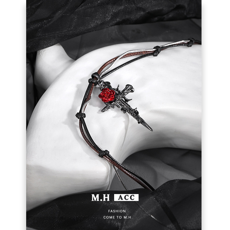 Dark Gothic style red rose entwined cross pendant necklace with a unique female design sense, black woven collarbone chain Application Scenario