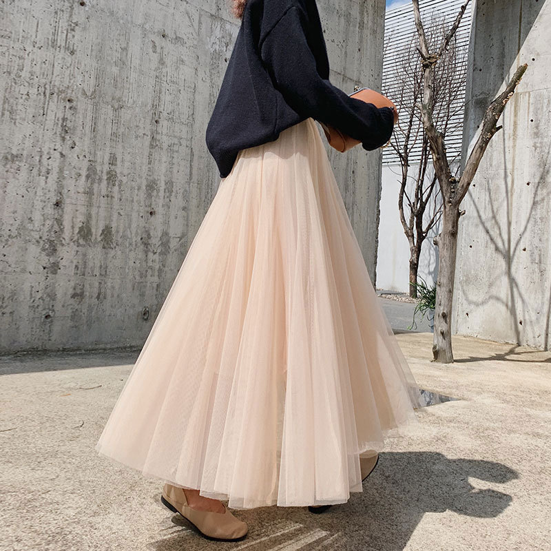 Spring/Autumn 2026 new solid-color slimming mid-length tulle skirt for women