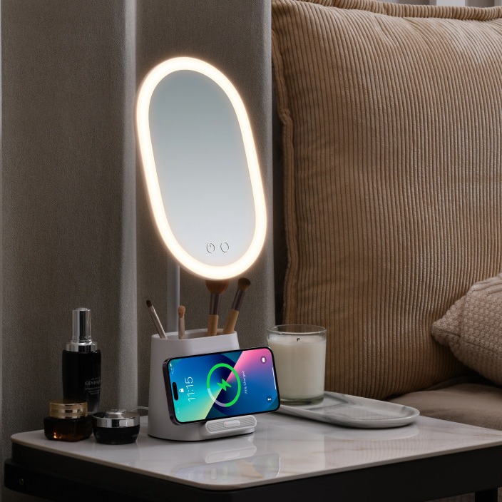 European and American multi-functional makeup mirror, mobile phone wireless charging, dressing mirror light, storage, makeup bucket, adjustable fill light, smart makeup mirror table light, makeup mirror