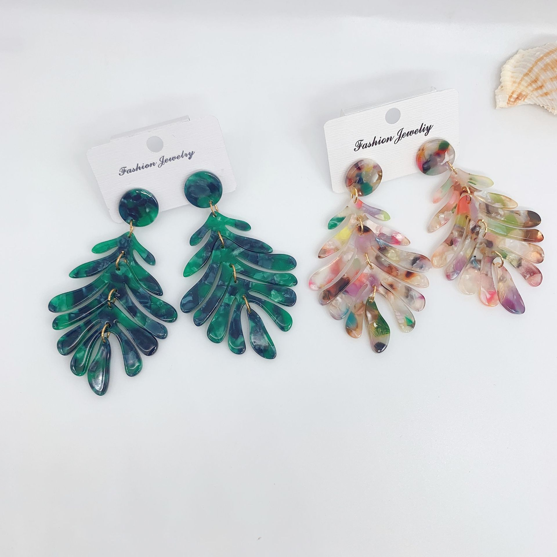 亚马逊时尚大牌长款耳饰欧美新款树叶清新简约醋酸板材叶子耳坠女产品图