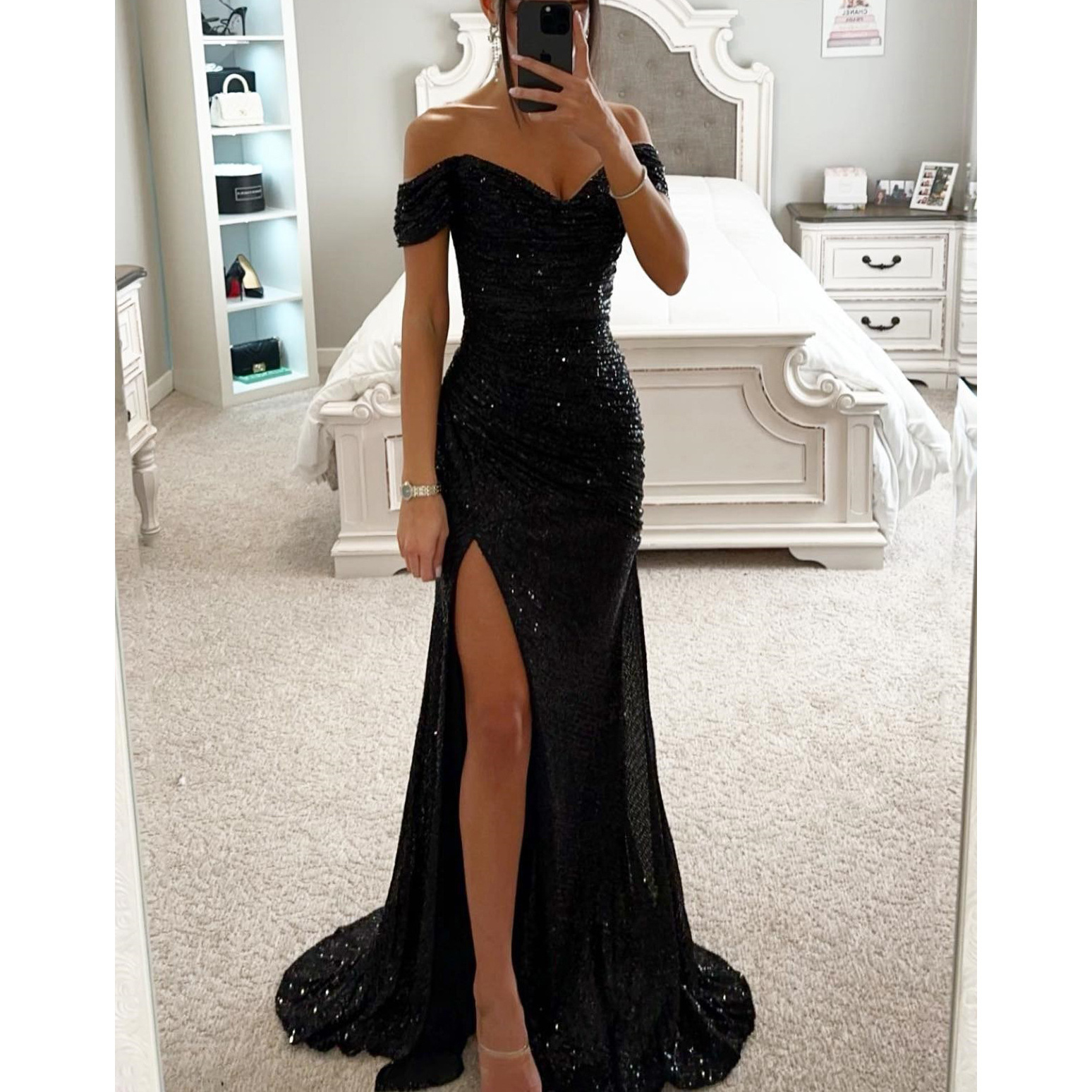 Cross-border 2025 New European and American party sequined one-shoulder split dress, INS casual fashion dress for women Item Picture