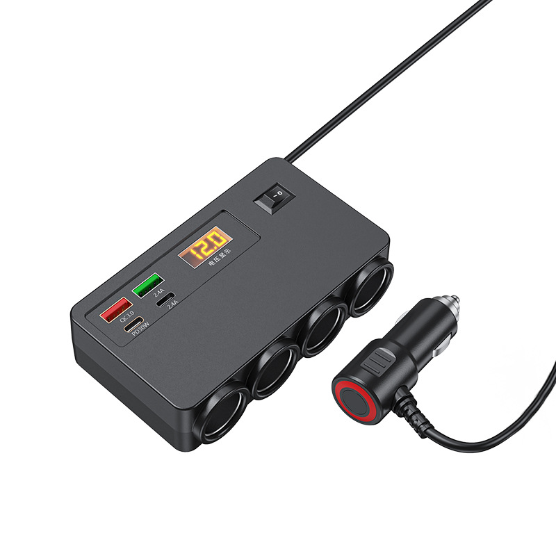 Car cigarette lighter, one-to-four multi-functional expansion socket, 12V and 24V universal digital display screen, car USB charger Item Picture